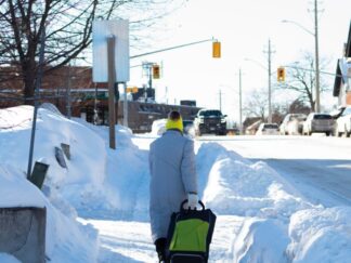 image shows an old person walking in the snow with a little trolly