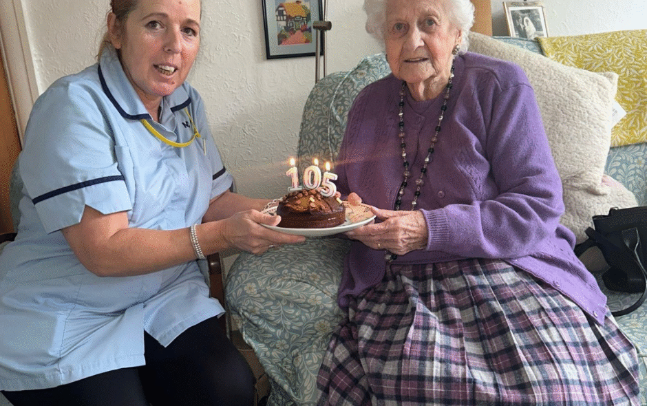 image shows Barbara celebrating her 105th birthday with mersey care Julie ann