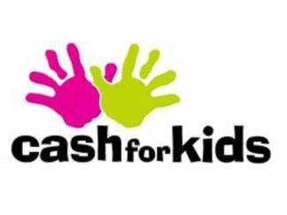 Image shows logo for charity cash for kinds, it contains a pinkk and green handprint and black lettering