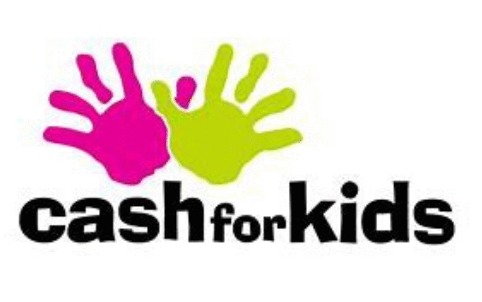 Image shows logo for charity cash for kinds, it contains a pinkk and green handprint and black lettering