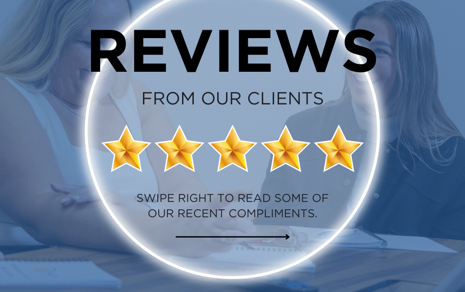 Blue image of two employees taking with a glowing circle with the word review in the middle and 5 stars