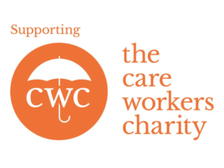 The care workers charity logo containing orange lettering and a white umberella in an orange circle