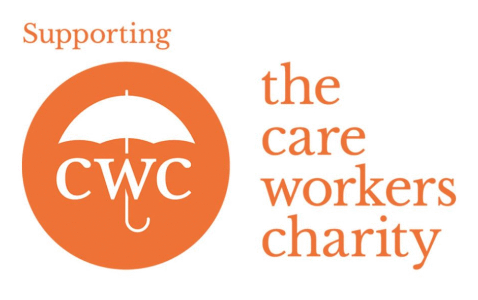 The care workers charity logo containing orange lettering and a white umberella in an orange circle