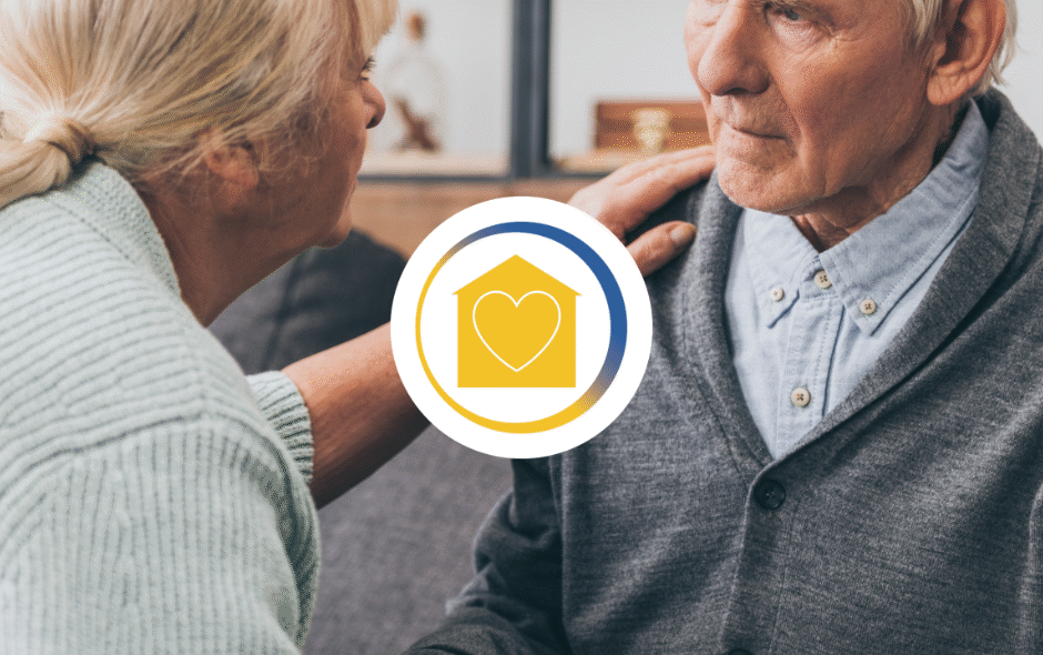 Image shows a man looking confused and his career or family member possibly due to dementia