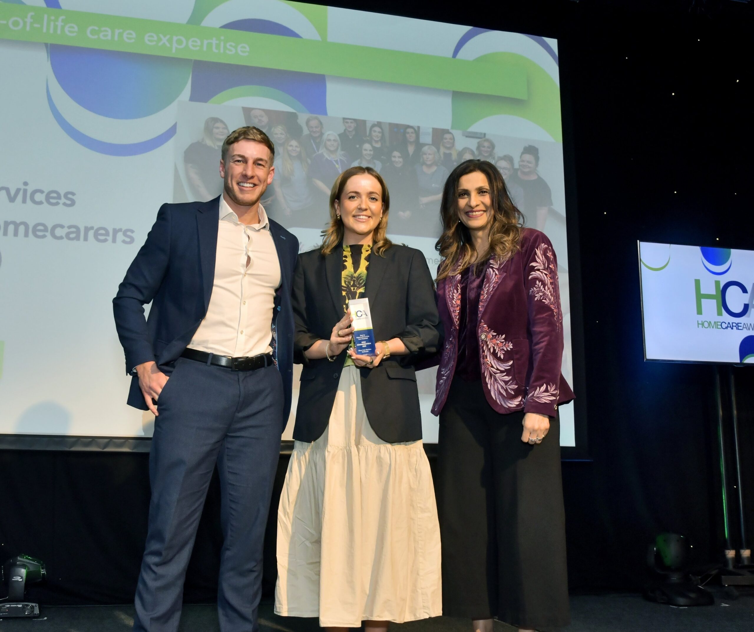 Shows staff accepting an award at the HCA Awards