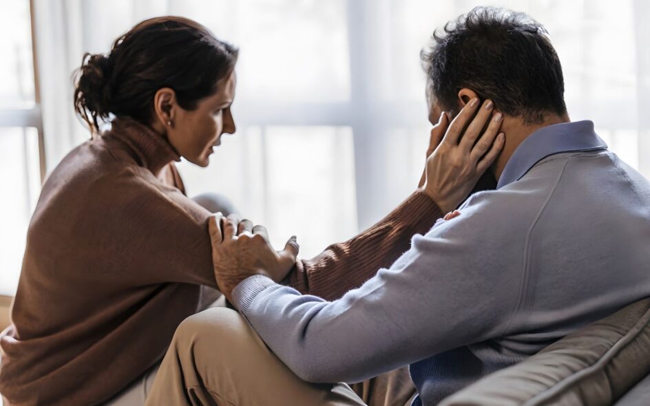 An image of a woman and a man where the woman is comforting the man by placing her hand on his face. Both are in a lightly lit room.